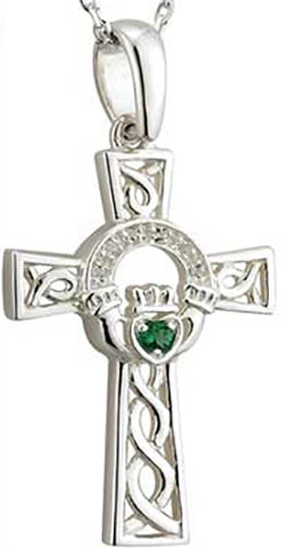 Solvar Silver Celtic Cross Claddagh Emerald Pendant