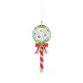 A hanging ornament shaped like a lollipop, with a faceted green-and-white spherical top decorated with small multicolored gem-like accents, a pink bow with gold trim, and a pink-and-white striped stick below, shown on a plain white background.