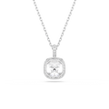 A silver-toned cushion-cut halo pendant necklace with a clear central gemstone and small accent stones, shown on a white background.