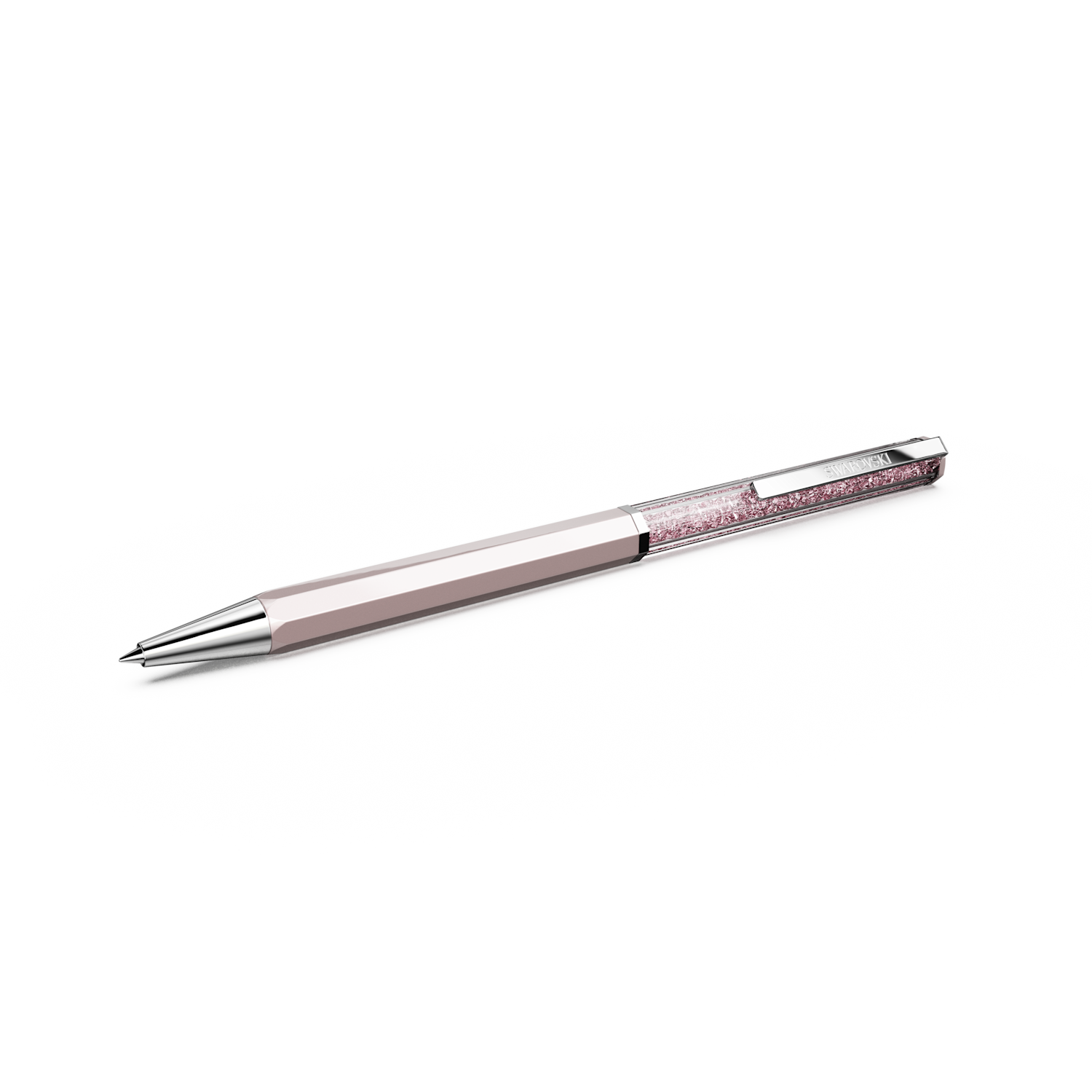 A luxury ballpoint pen with a faceted rose gold barrel and sparkling pink rhinestone accents, shown on a clean white background.