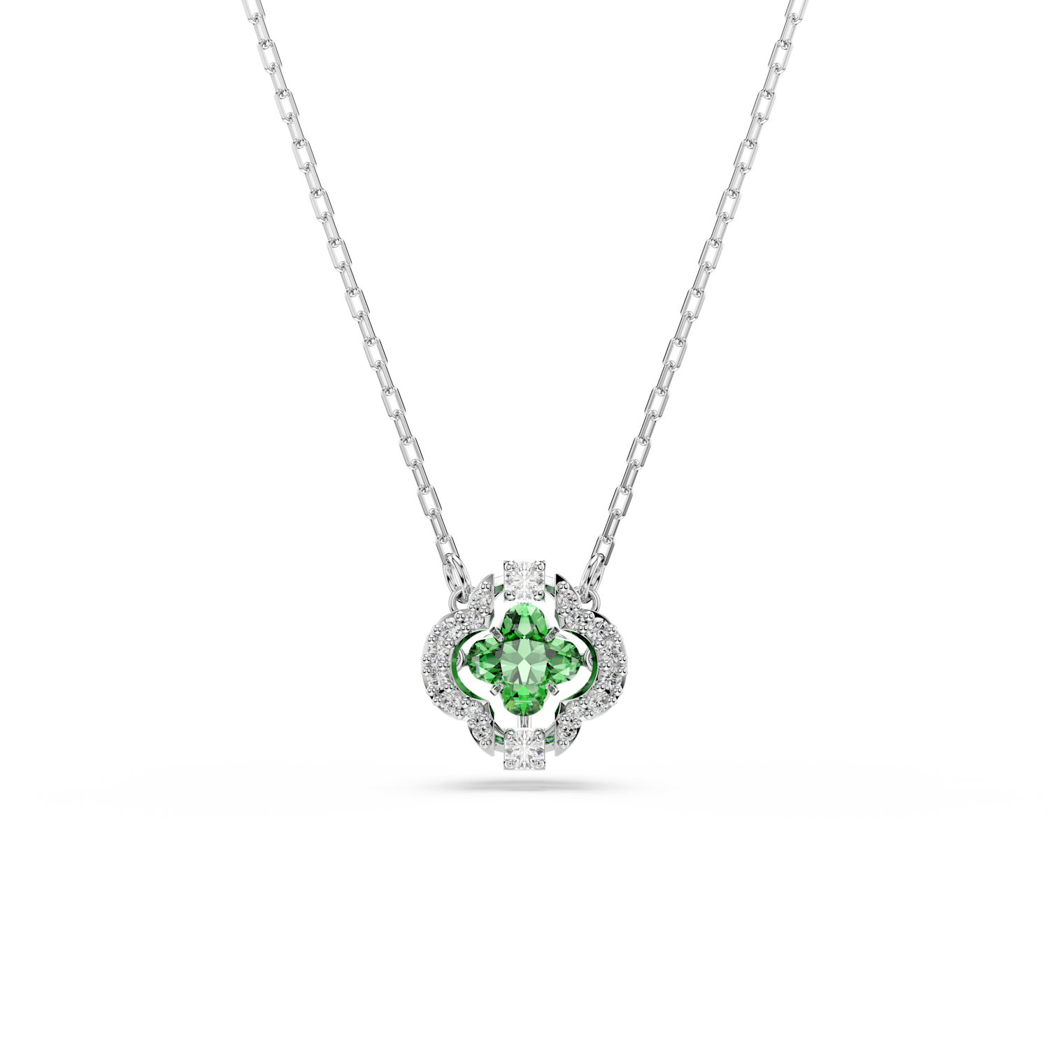 A silver-tone chain necklace with a clover-shaped pendant featuring a central green gemstone surrounded by small clear stones, shown on a plain white background.