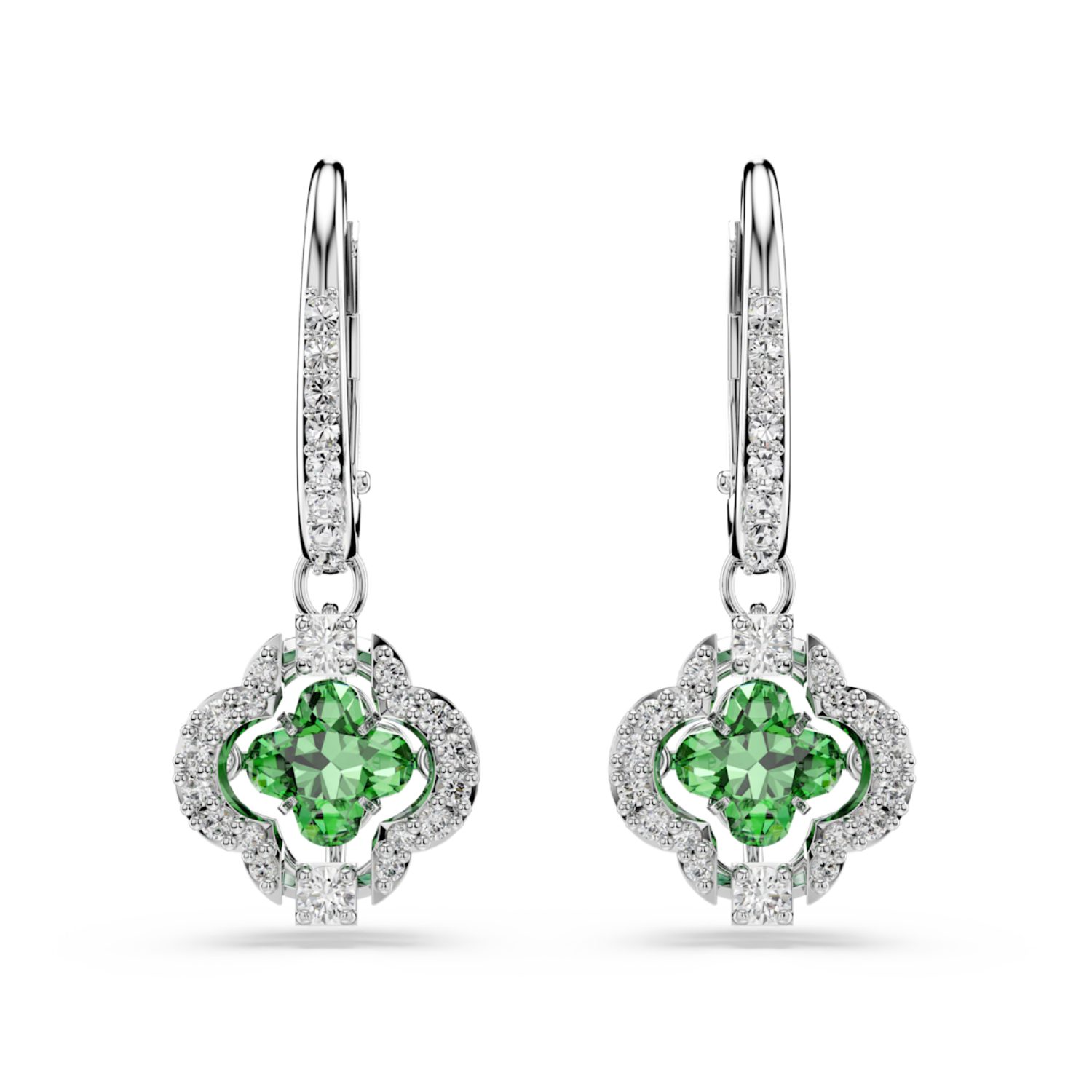 A pair of silver leverback earrings featuring a central green four-petal flower motif surrounded by small clear stones, shown on a plain white background.