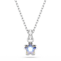 A silver star-shaped pendant necklace with a faceted light blue gemstone, suspended from a delicate silver chain on a solid white background.