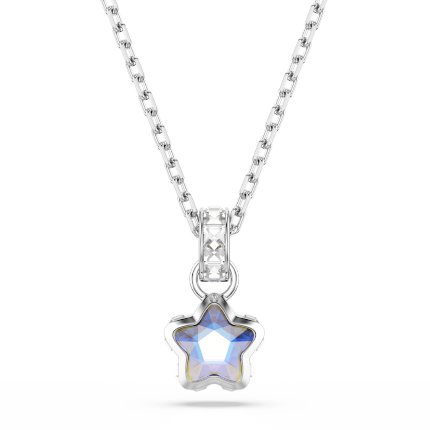 A silver star-shaped pendant necklace with a faceted light blue gemstone, suspended from a delicate silver chain on a solid white background.