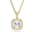 A yellow gold necklace with a cushion-cut clear gemstone pendant, surrounded by a halo of small clear stones, on a plain white background.