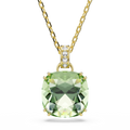 A yellow gold pendant necklace featuring a cushion-cut light green gemstone in a prong setting, with a small diamond-accented bail and a delicate gold chain, shown against a plain white background.