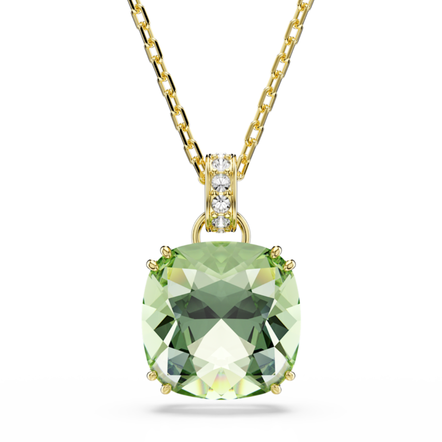 A yellow gold pendant necklace featuring a cushion-cut light green gemstone in a prong setting, with a small diamond-accented bail and a delicate gold chain, shown against a plain white background.