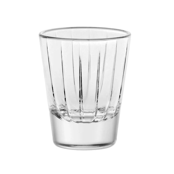 Clear glass tumbler with textured design on a white background