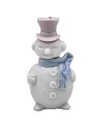 Snowman figurine with a pink top hat and blue scarf 