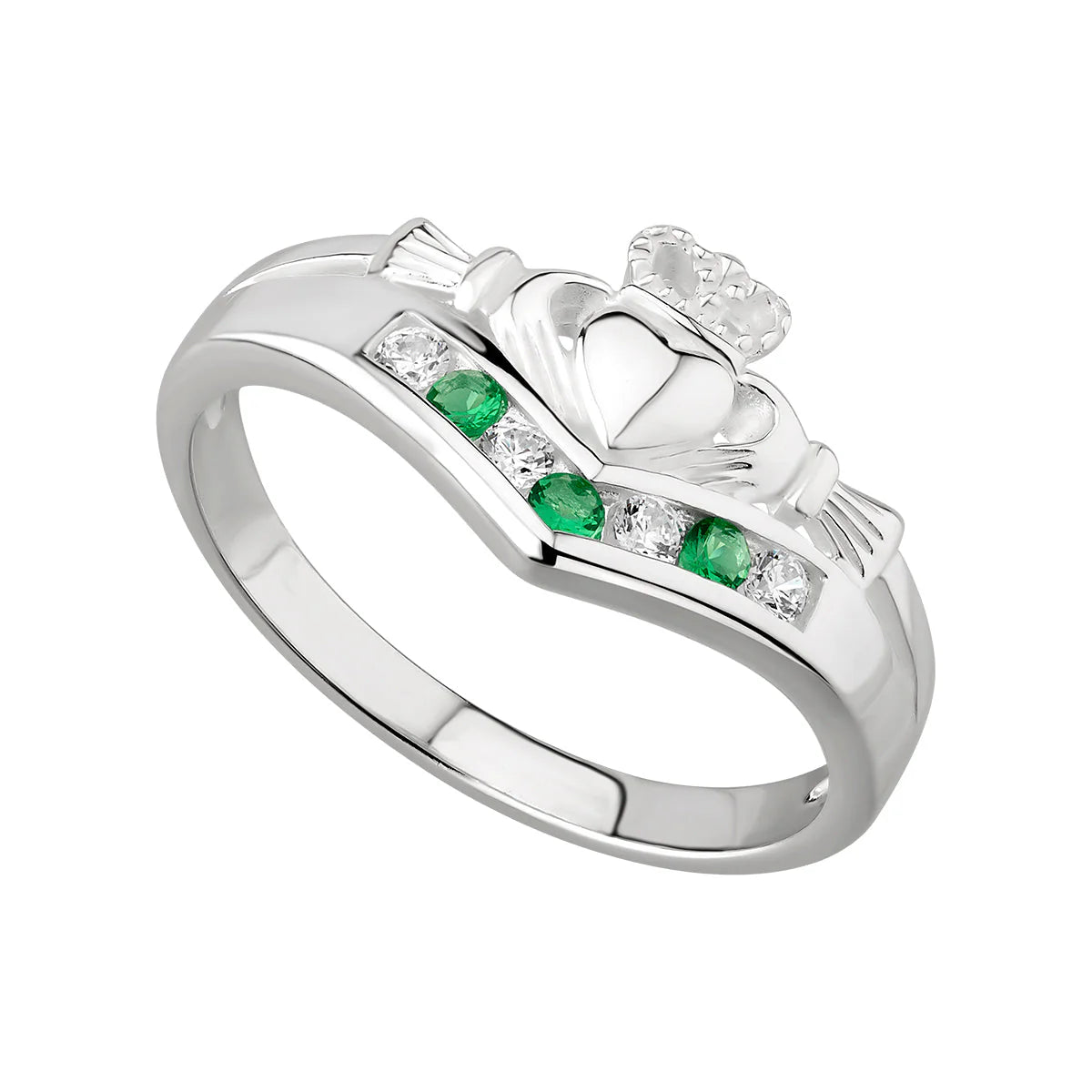 Solvar Emerald & Zirconia Wishbone Claddagh Ring Size 7.5