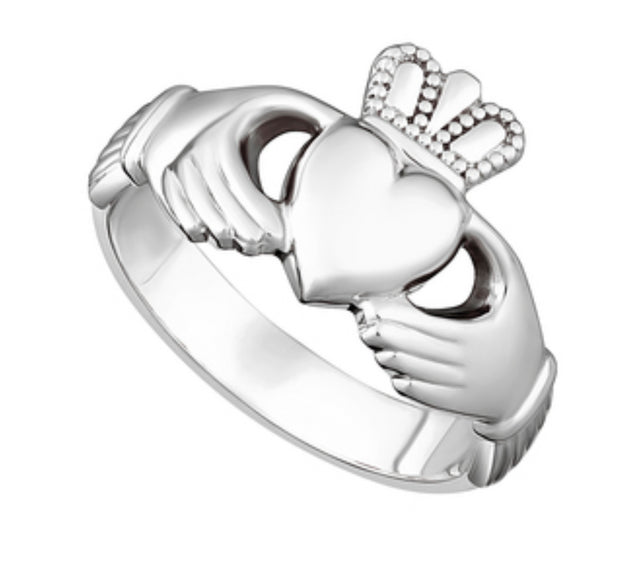 Silver Claddagh ring on a white background