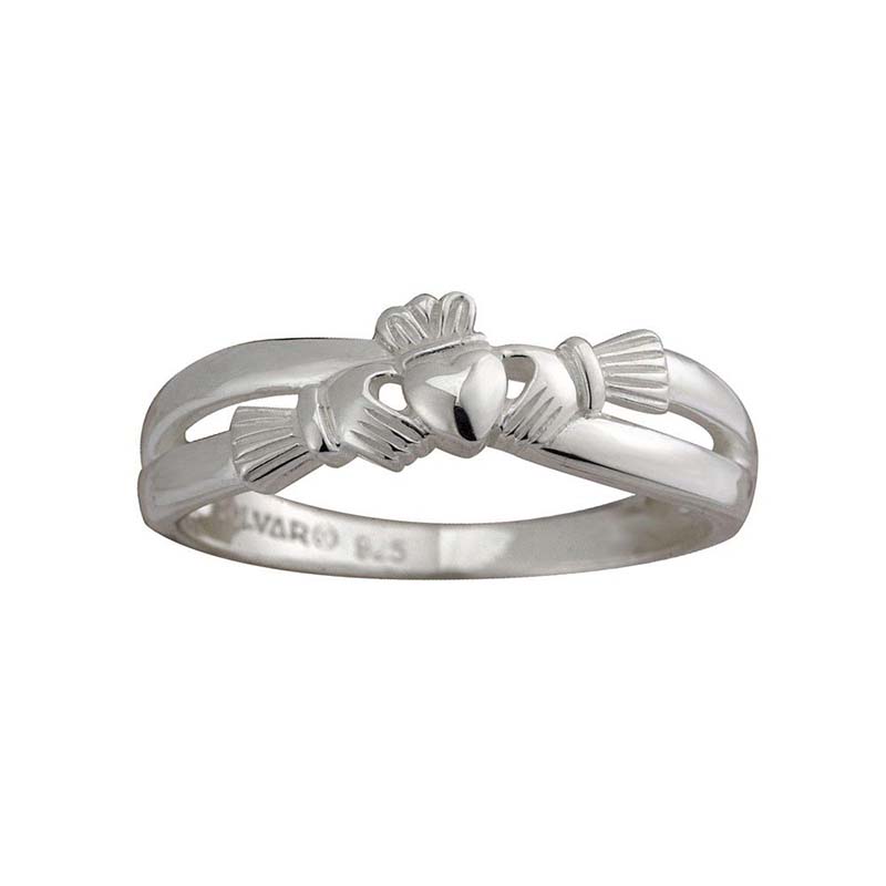 A solvar sterling silver ladies slant claddagh ring with a smaller claddagh stant to the design, featuring a heart for love, cradled in two hands of friendship, crowned in a promise of loyalty.