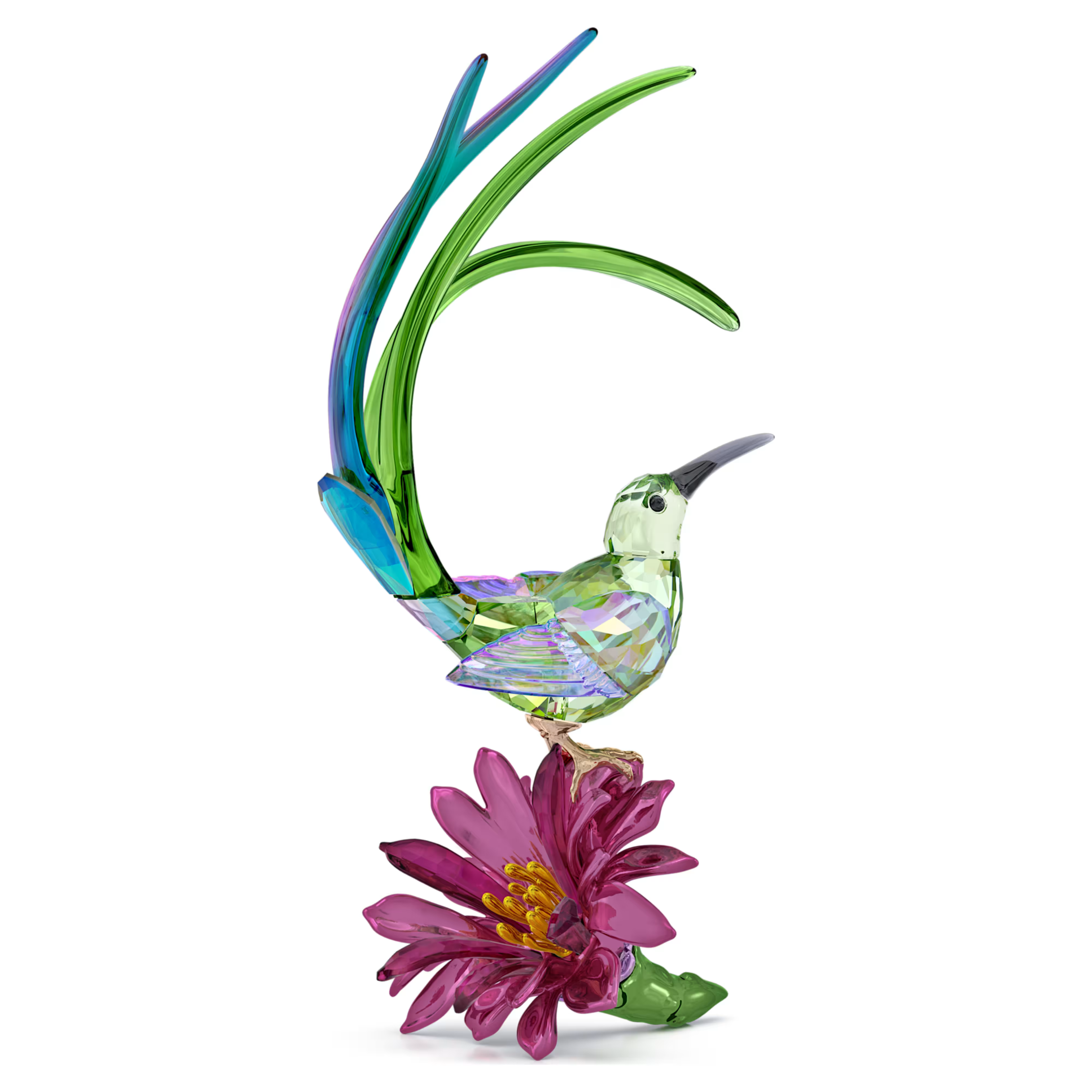 A Swarovski crystal figurine of a multicolored bird with a long tail perched on a pink cactus flower.