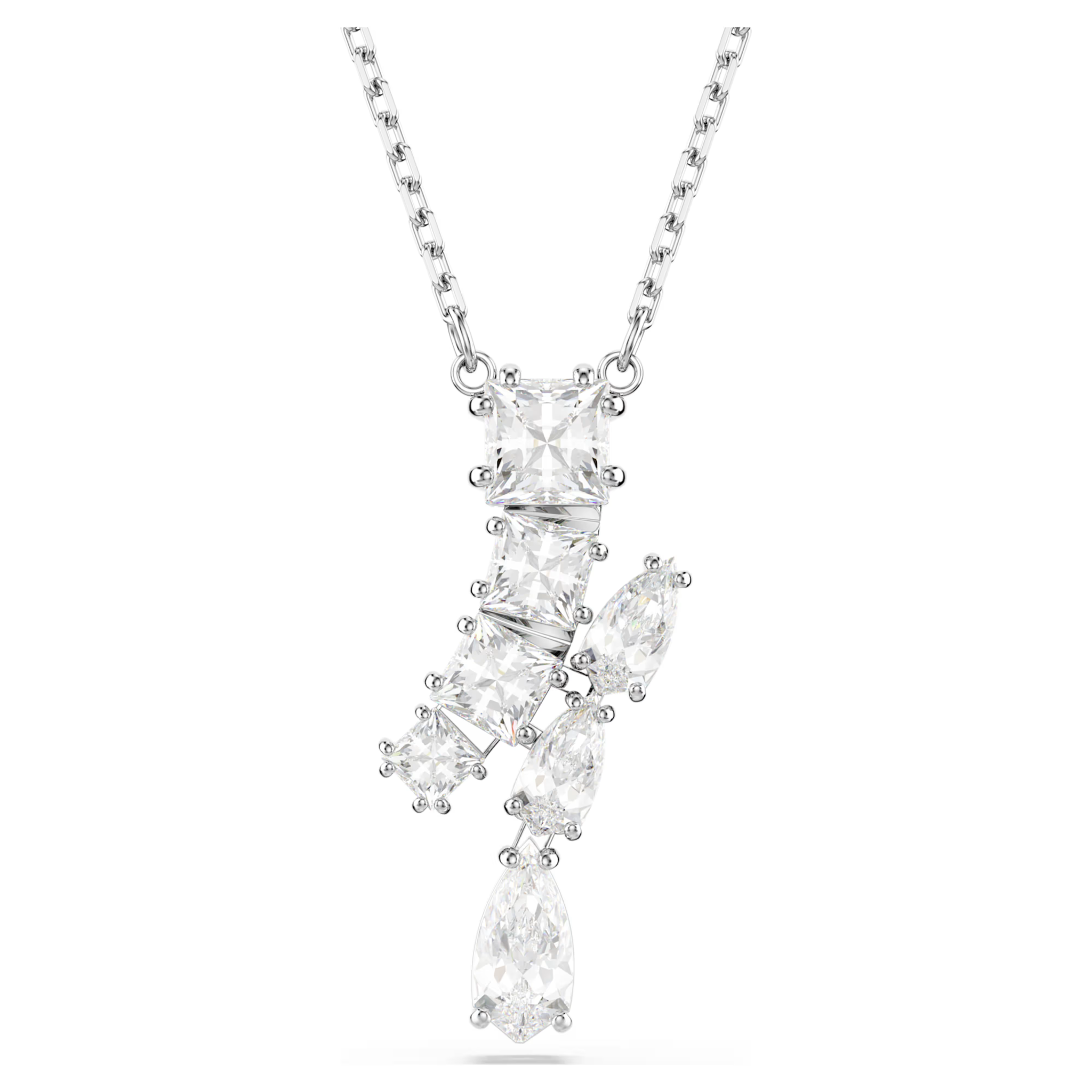 Diamond necklace with marquise-shaped stones on a white background