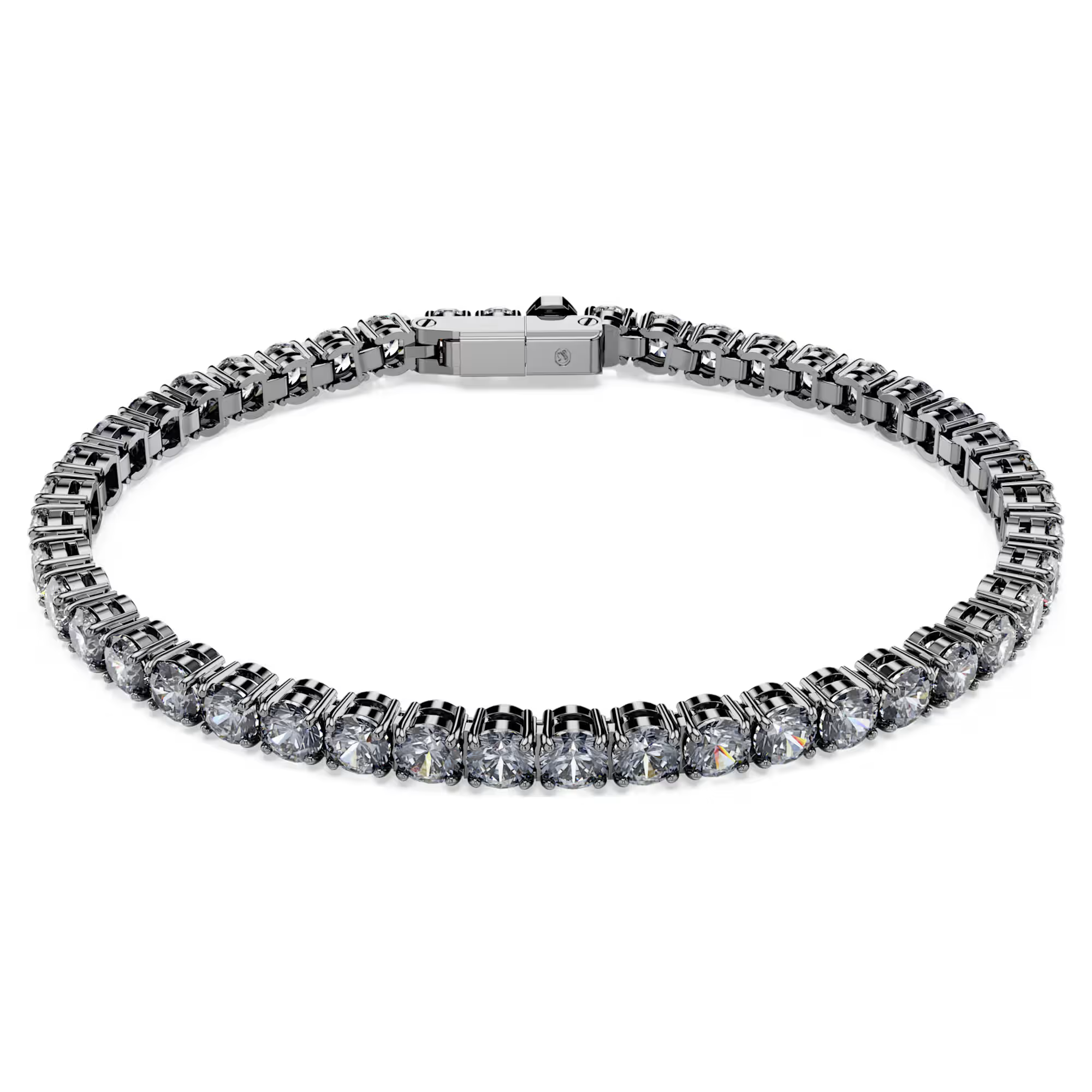 A ruthenium plated, gray Swarovski zirconia tennis bracelet with a matrix clasp.