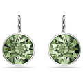 A pair of round-cut green Swarovski crystal earrings, rhodium plated, attached to small silver hooks.