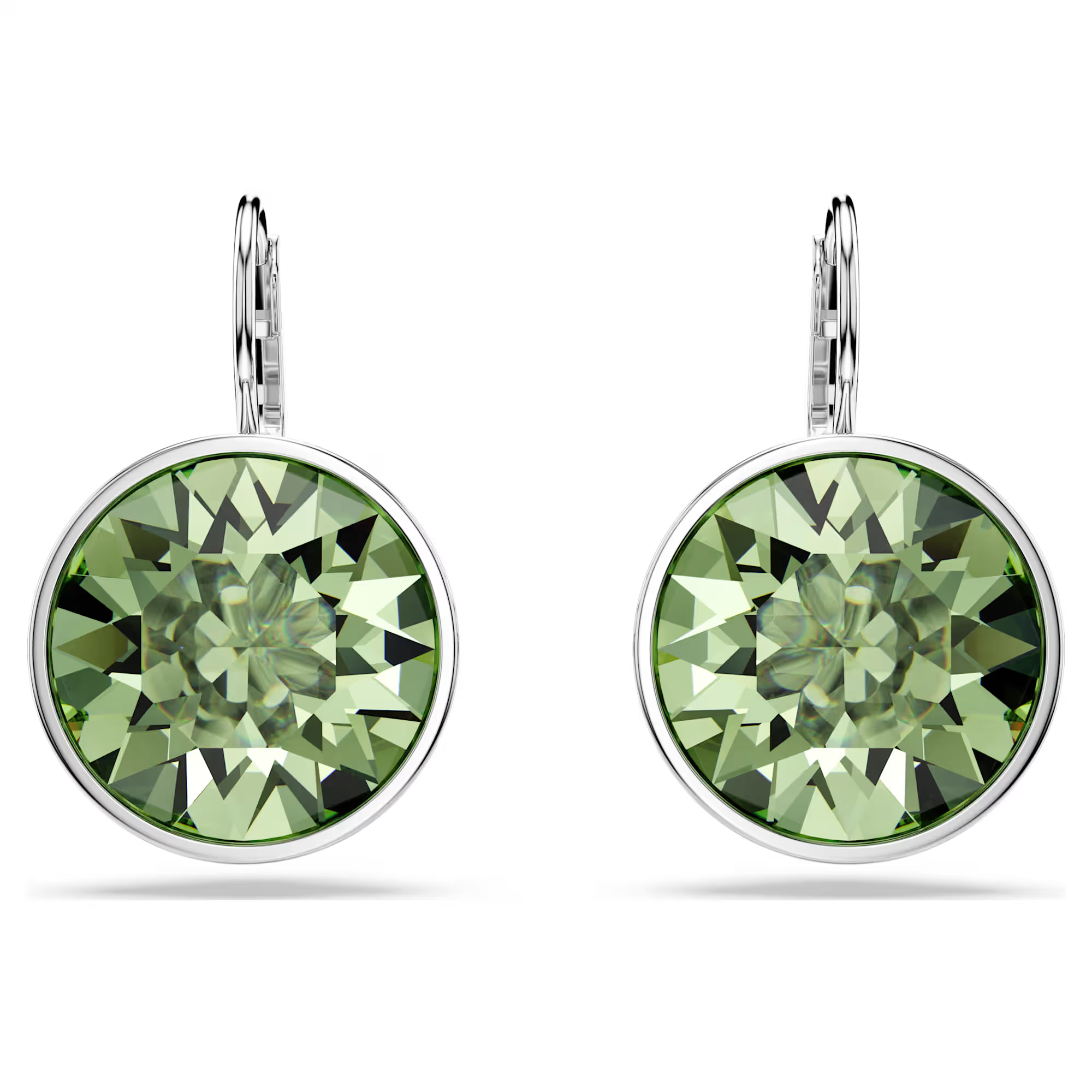 A pair of round-cut green Swarovski crystal earrings, rhodium plated, attached to small silver hooks.