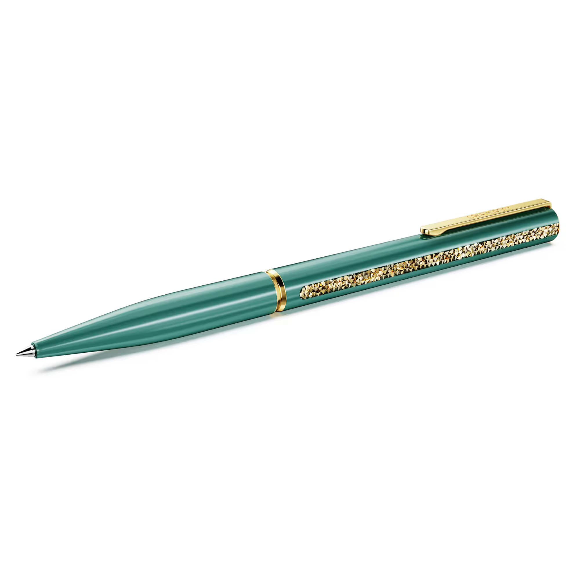 A green ballpoint pen with gold-tone accents and Swarovski crystals on the barrel.