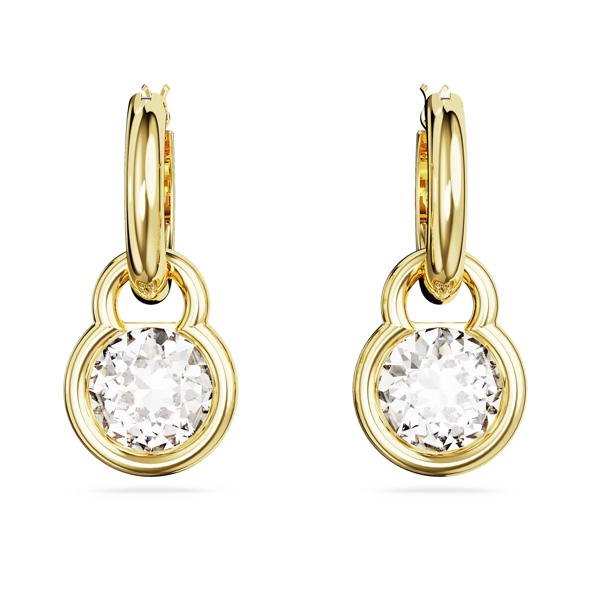 A pair of gold-tone plated Swarovski drop earrings with bezel-set round white crystals.