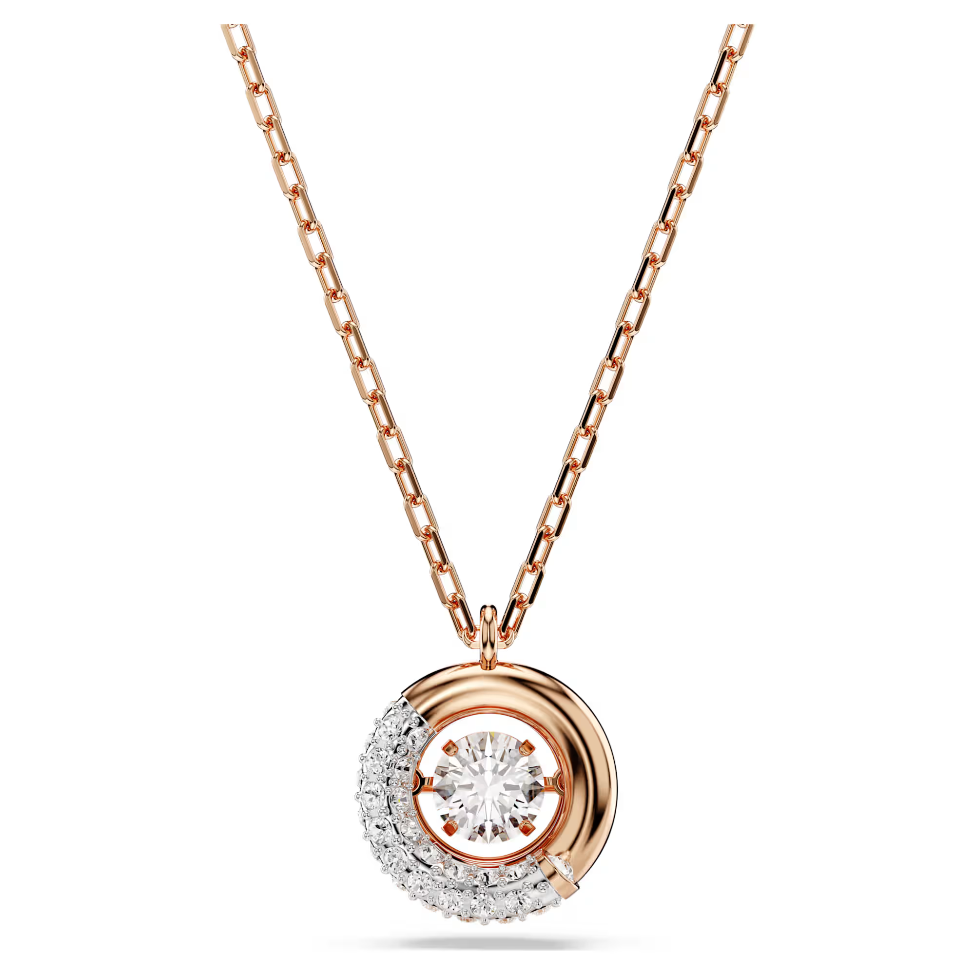A rose gold-tone Swarovski pendant with a central zirconia surrounded by clear crystals, suspended from a delicate chain.