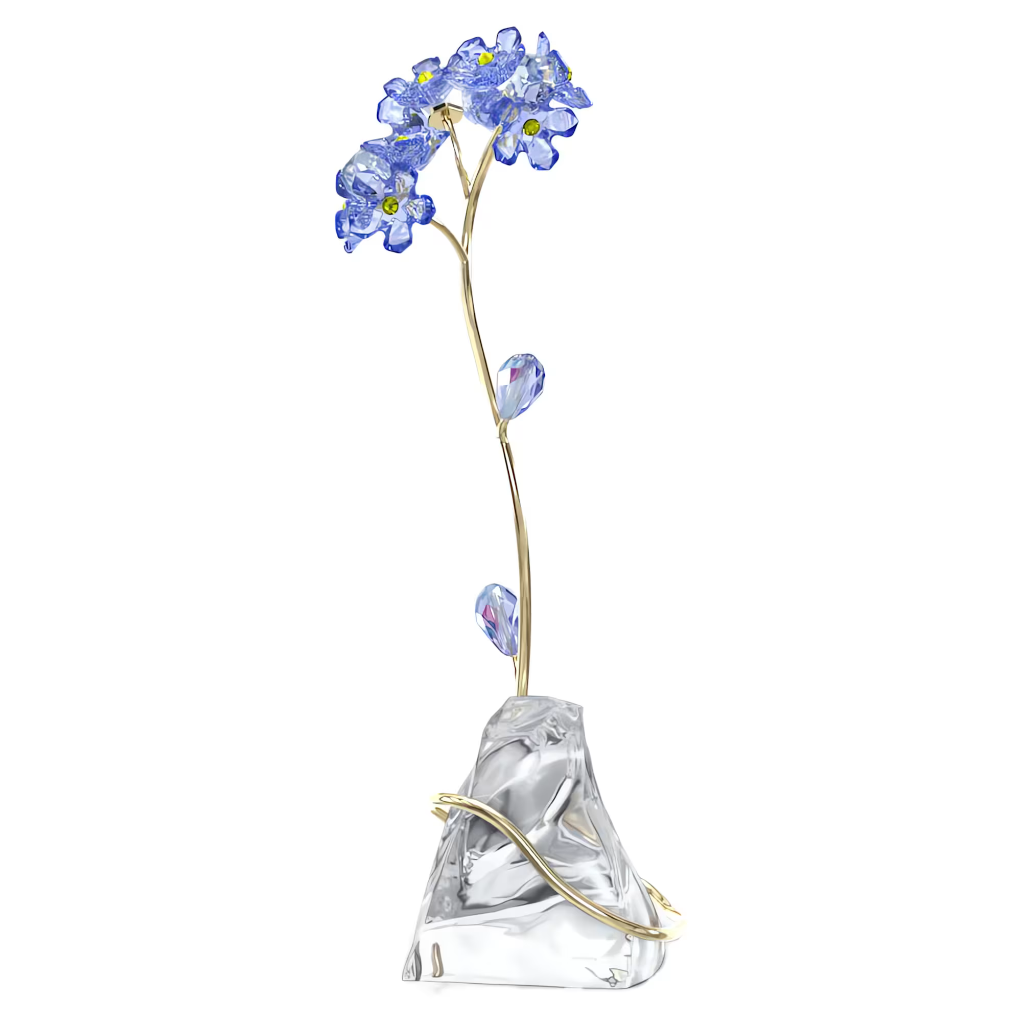 A crystal sculpture of a blue forget-me-not flower with a gold-tone metal stem on a natural unfaceted crystal base.