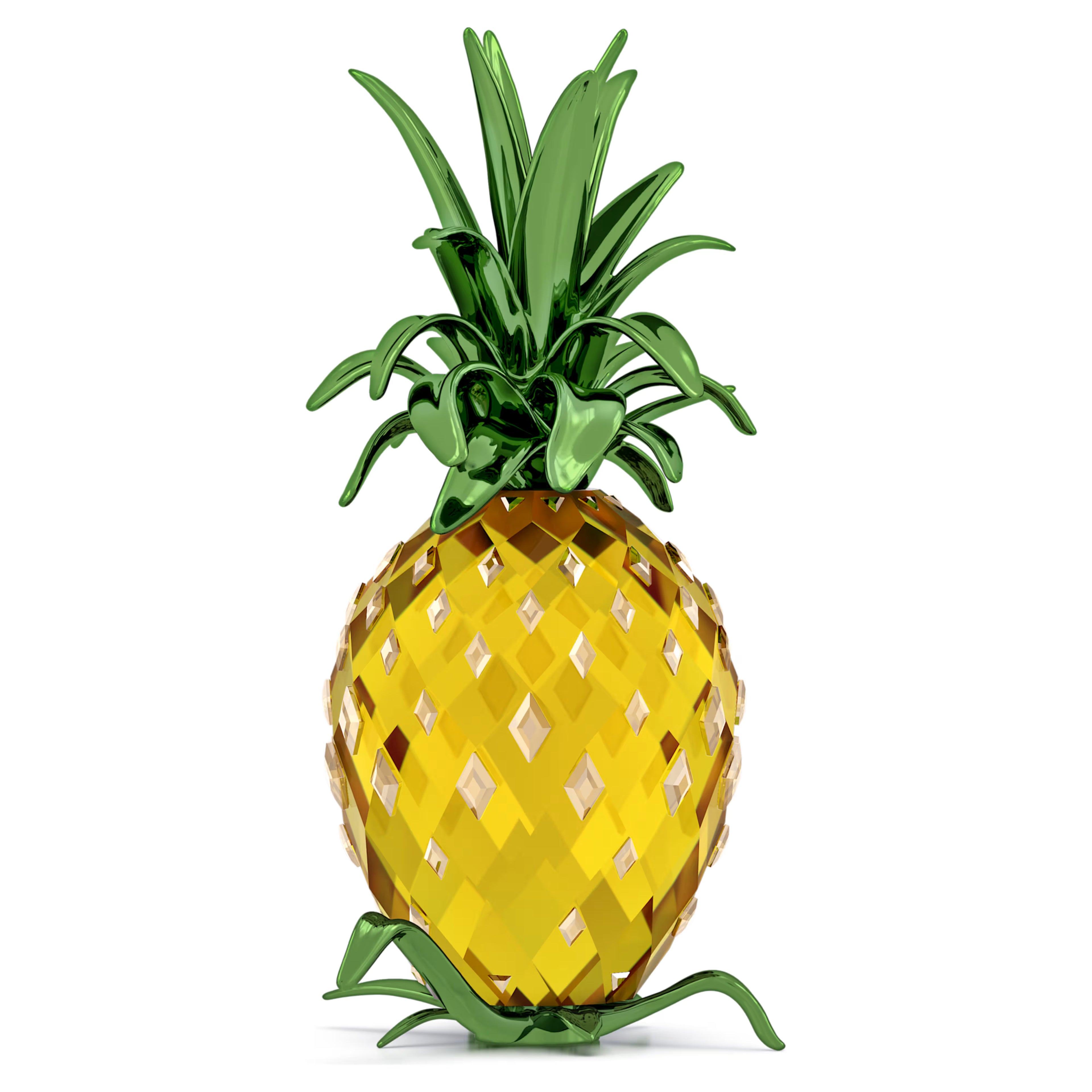 A crystal pineapple decoration with yellow body and green lacquered metal leaves.