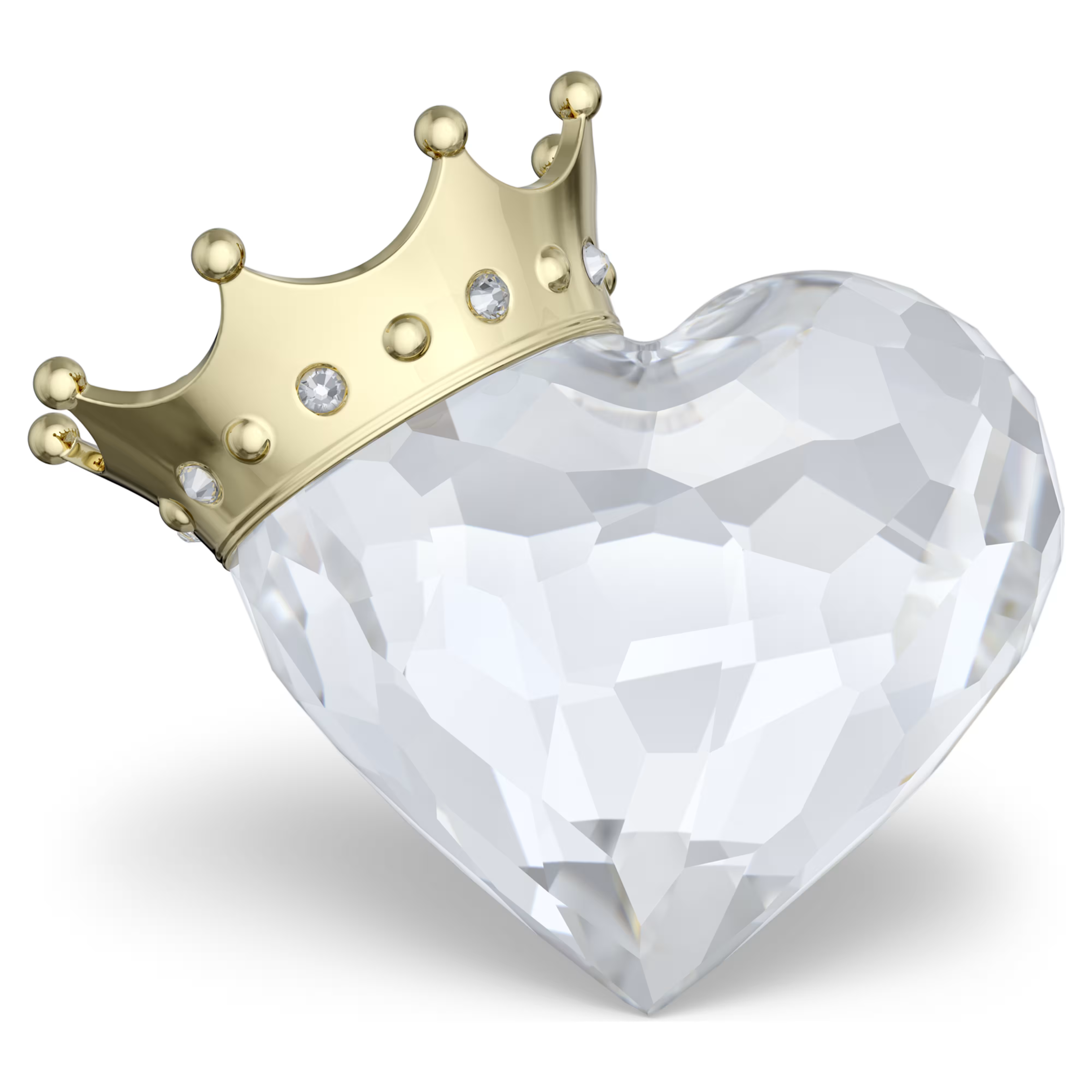 A crystal heart-shaped ornament with a gold-tone metal crown adorned with small clear crystals on top.