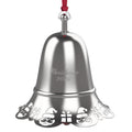 A polished silver metal Christmas bell ornament with a red hanging ribbon, featuring laser-cut festive details along the scalloped bottom edge and engraved text reading 'Christmas 2026' on the front.