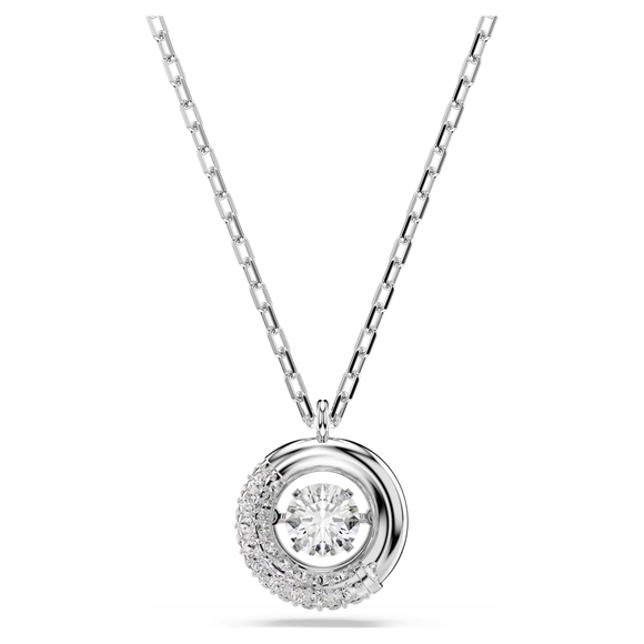 Silver necklace with a round diamond pendant on a white background