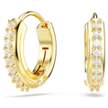 A pair of gold huggie hoop earrings adorned with clear pavé-set round stones, shown from multiple angles on a clean white background.
