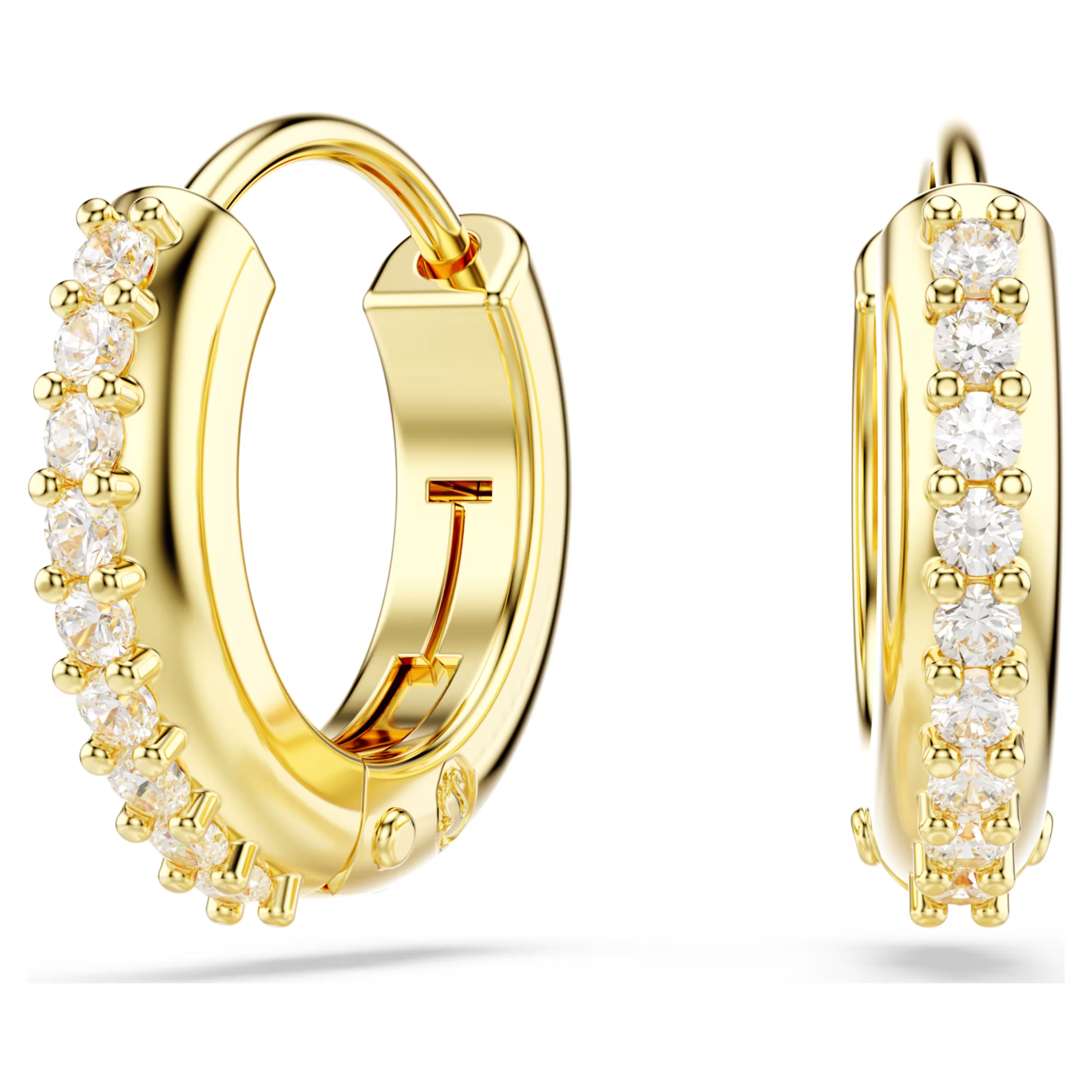 A pair of gold huggie hoop earrings adorned with clear pavé-set round stones, shown from multiple angles on a clean white background.