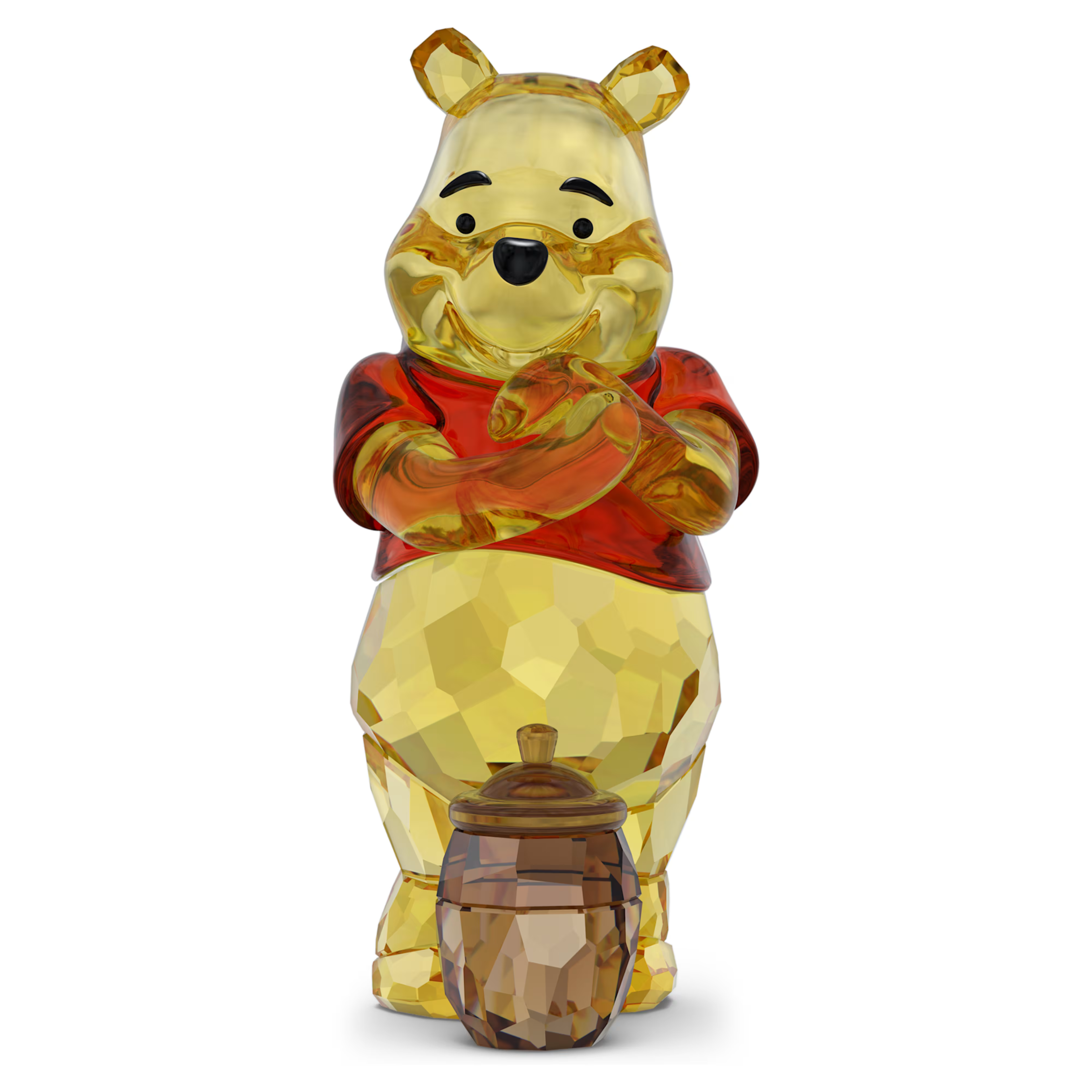 Glass figure of a bear holding a honey pot on a white background
