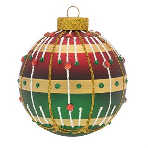 A round, traditional holiday ornament with a red, green, and gold color scheme, featuring a gold top with frosted stripes and green and red beads.