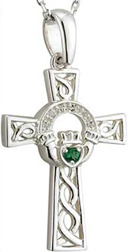 Solvar Silver Celtic Cross Claddagh Emerald Necklace